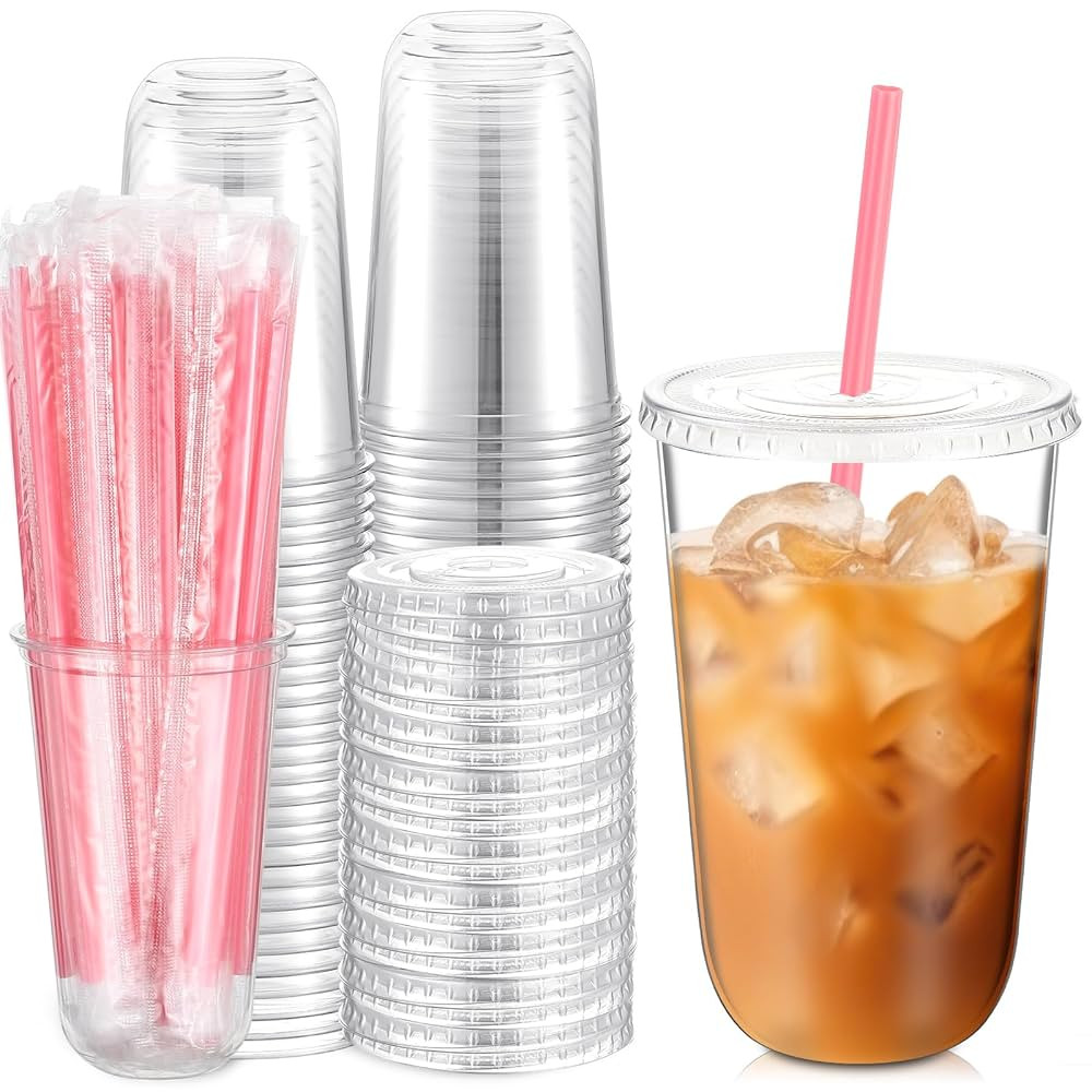 50 Sets Clear Plastic Cups with Heart Shaped Pink Straws and Lids, Disposable Iced Coffee Cups Dr... | Amazon (US)