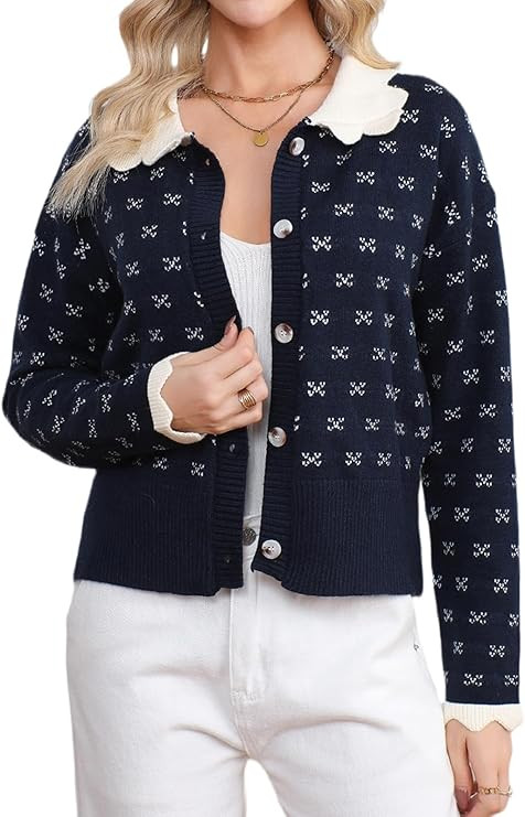 Ladyful Cropped Cardigan Sweater for Women Ruffled Collar Lightweight Fall Button Up Long Sleeve ... | Amazon (US)