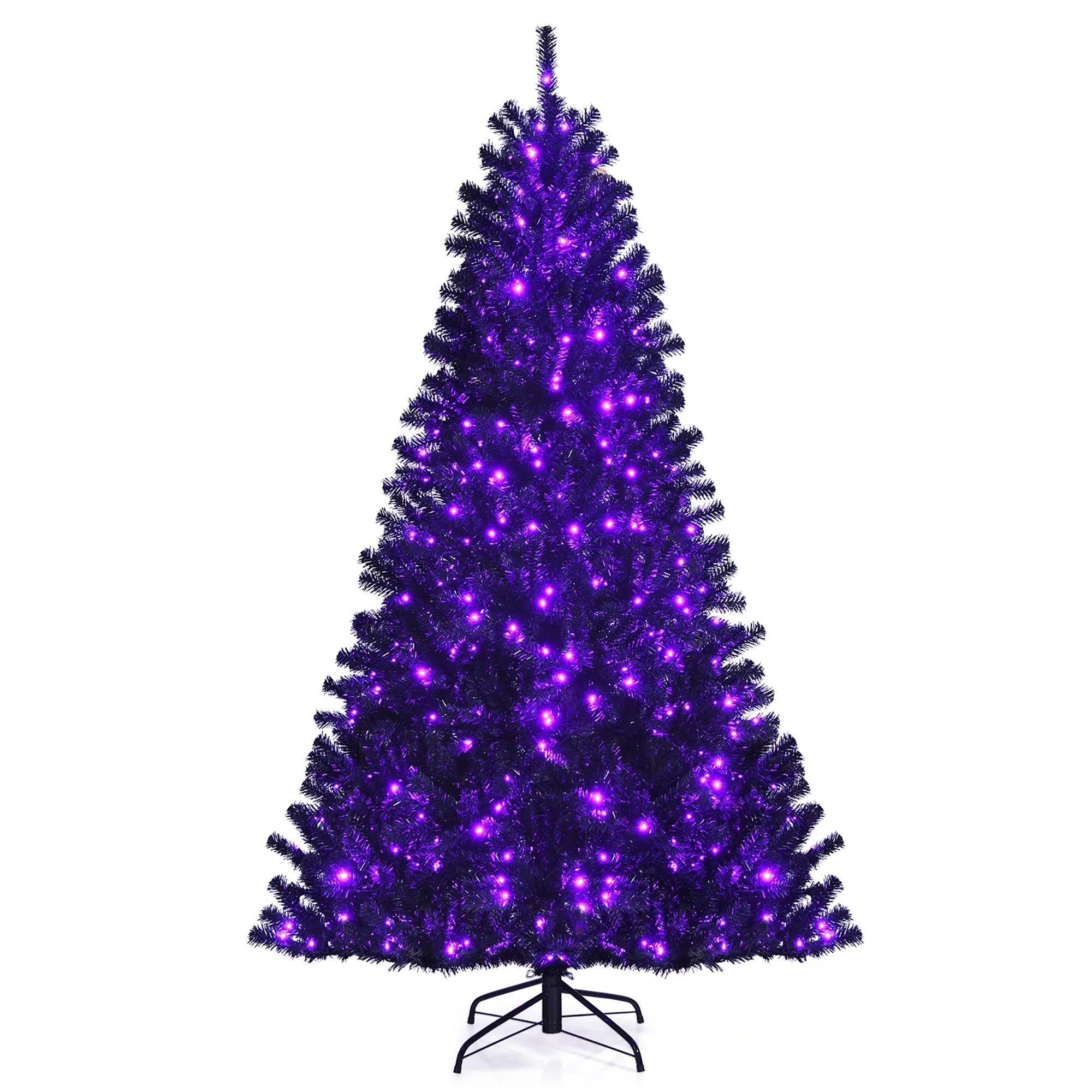 Costway 7ft Pre-lit PVC Christmas Halloween Tree Black w/ 500 Purple LED Lights - Walmart.com | Walmart (US)