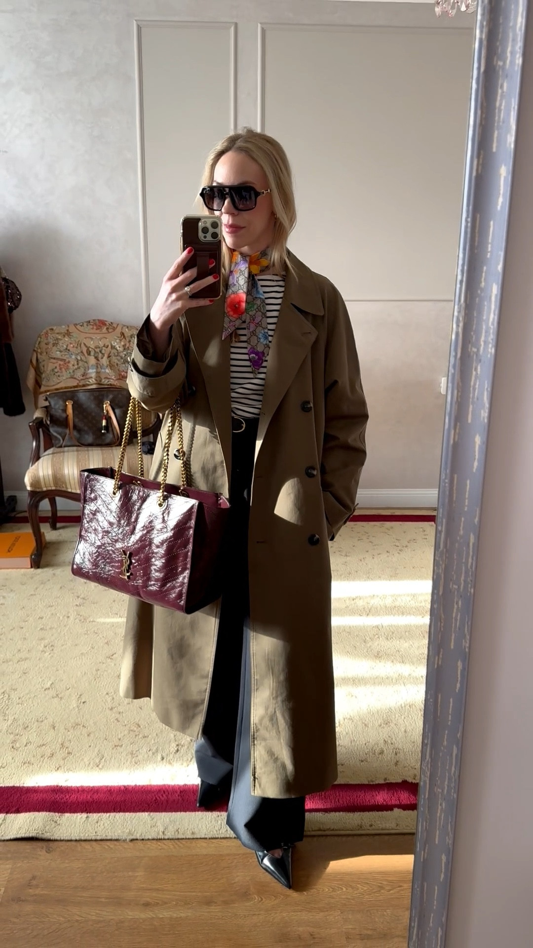 Spring business casual workwear, trench coat, silk scarf, floral print scarf, striped top, @abercrombie trousers, burgundy YSL tote bag, style over 40

#LTKWorkwear #LTKootd #LTKSeasonal