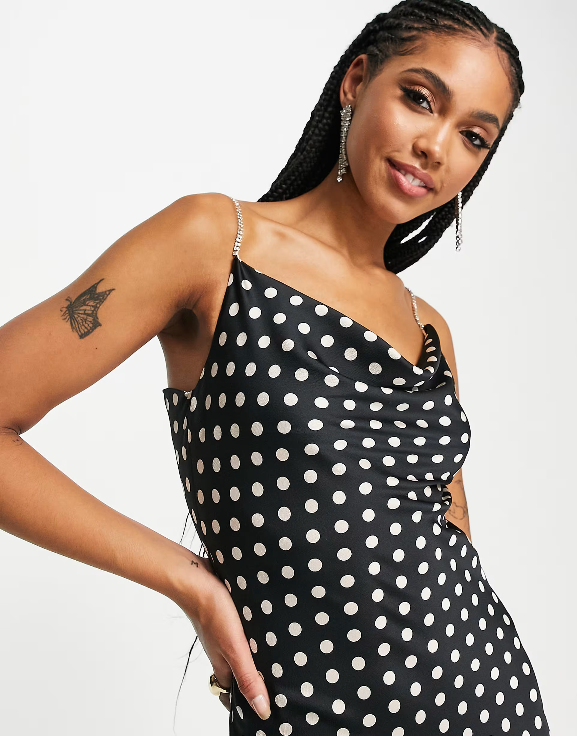 Lola May cowl neck midi dress with diamante straps in polka dot | ASOS (Global)
