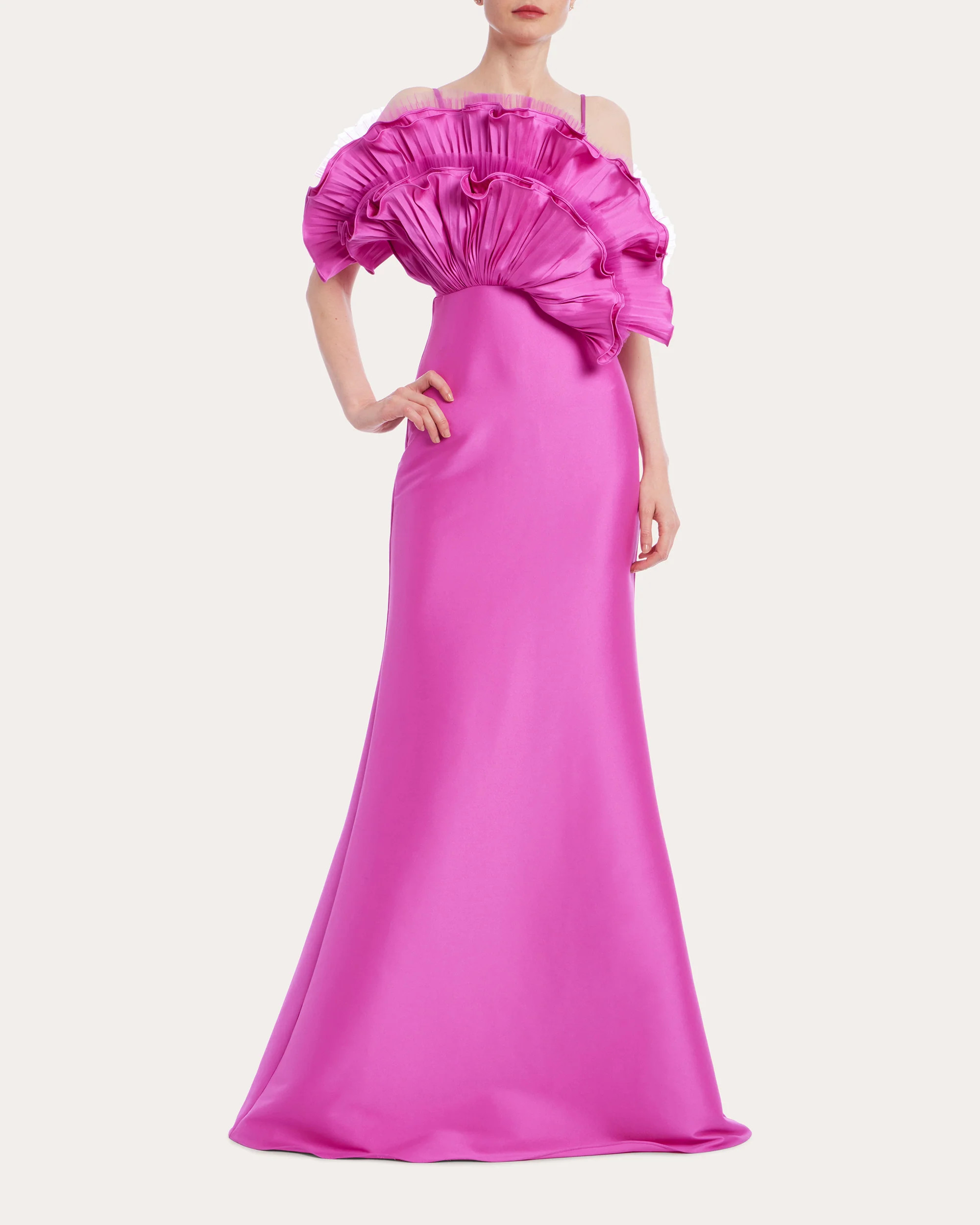 Badgley Mischka Women's Pleated Ruffle Fan Flared Mikado Gown in Orchid Polyester/Spandex | Olivela
