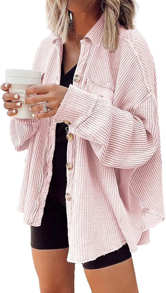 Nirovien Womens Waffle Knit Shirt Jacket Oversized Button Down Shacket Batwing Sleeve Tops with Pock | Amazon (US)