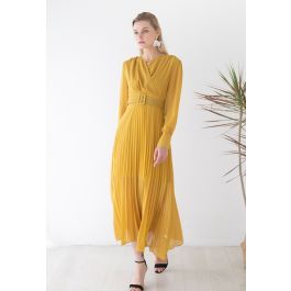 Flowy Chiffon Wrap Pleated Maxi Dress in Yellow | Chicwish