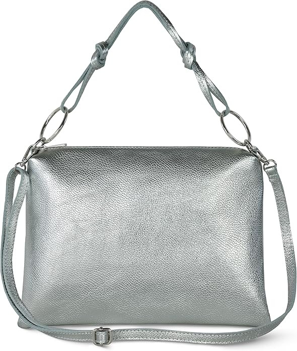 Italian Metallic Calf Leather Shoulder Bag for Women | Rectangular Handbag with Zipper Top Handle... | Amazon (US)