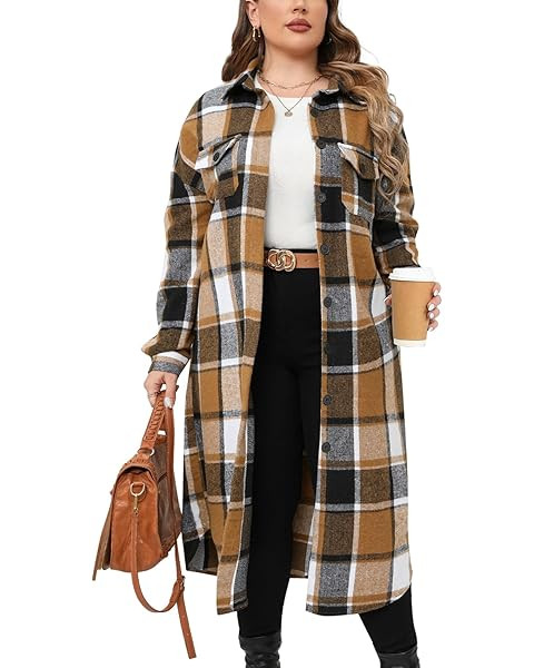 ZOMVA 2025 Women's 0X-5X Plus Size Long Flannel Plaid Shacket Jacket Oversized Button Down Coats ... | Amazon (US)