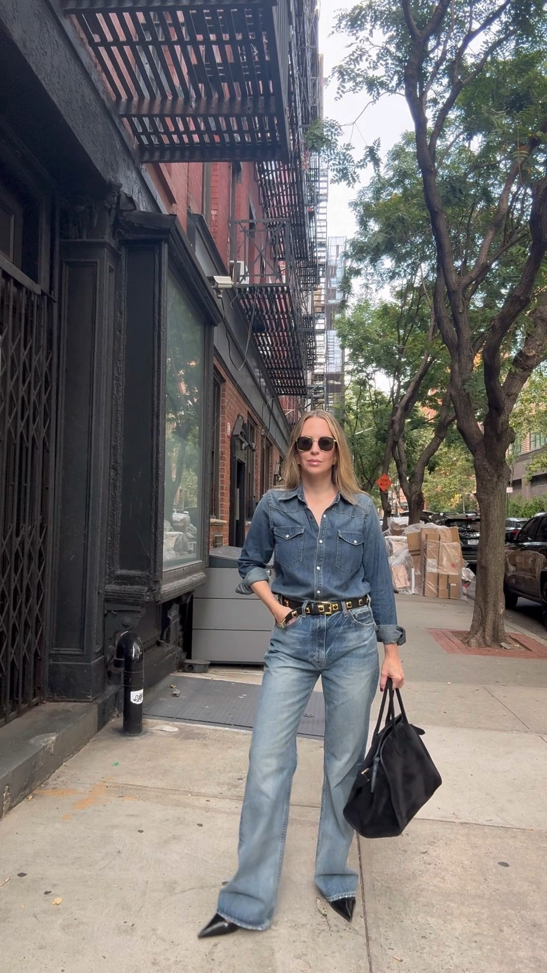 For the belt, use code HELENA for 20% off. For the denim, size down. For the button down, I am in a M. My bag is the Row but LOVE the Little Liffner tote i included below. 