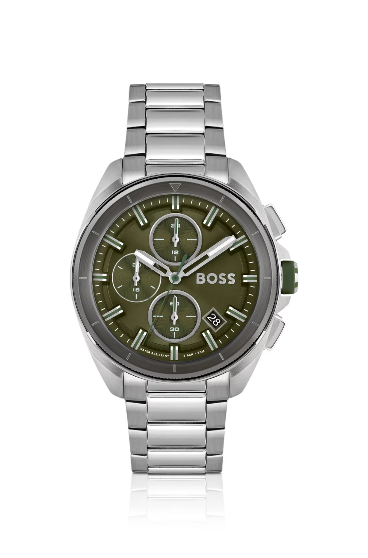 Olive-dial chronograph watch with link bracelet | Hugo Boss (US)