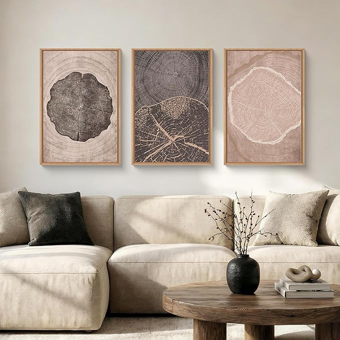 HOURIA Neutral Brown Tree Rings Framed Canvas Wall Art Set,Vintage Abstract Dark Gray Wood Stump ... | Amazon (US)