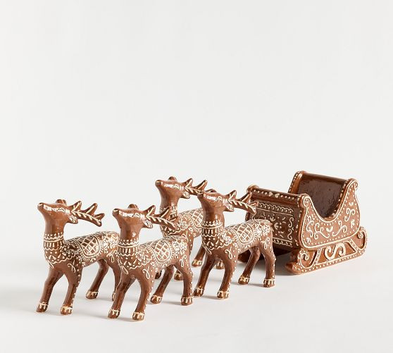 Handcrafted Ceramic Gingerbread Reindeer &amp; Sleigh Set | Pottery Barn (US)