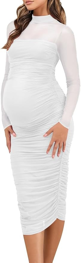 Dedysler Maternity Mesh Bodycon Dress for Wedding Guest Sexy Mock Neck Baby Shower Long Sleeve Pr... | Amazon (US)