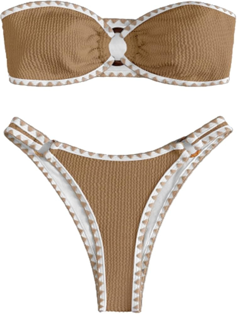 WDIRARA Women's O Ring Strapless Bandeau Bikini Swimsuit Cut Out Swimwear | Amazon (US)