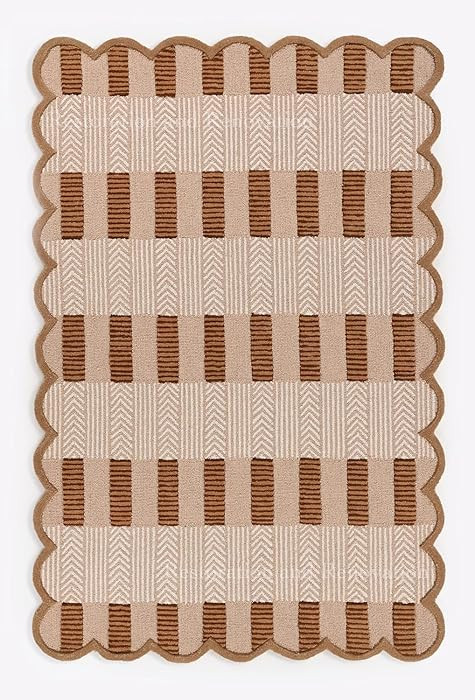 Handmade Scalloped Wool Area Rug - Modern Geometric Pattern, Green-Beige Stripes, Checkered Chevr... | Amazon (US)