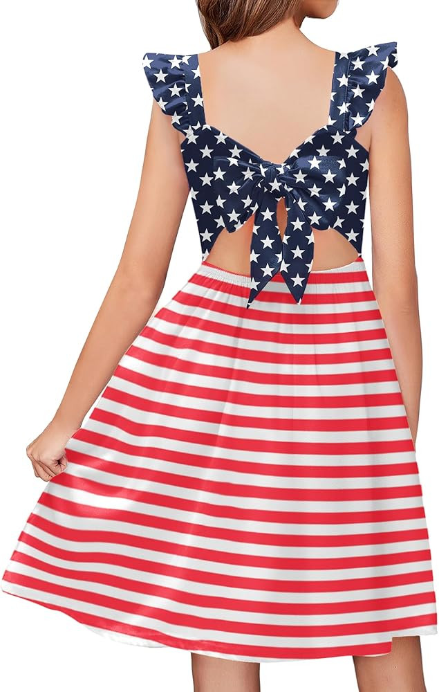 Arshiner Girls Summer Dresses Square Neck Ruffle Sleeve Tie Back A-Line Swing Casual Midi Dress w... | Amazon (US)