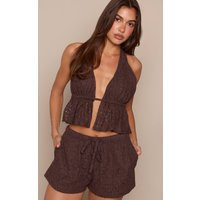 Brown Crochet Lace Halter Neck Open Top Co-ord | PrettyLittleThing US