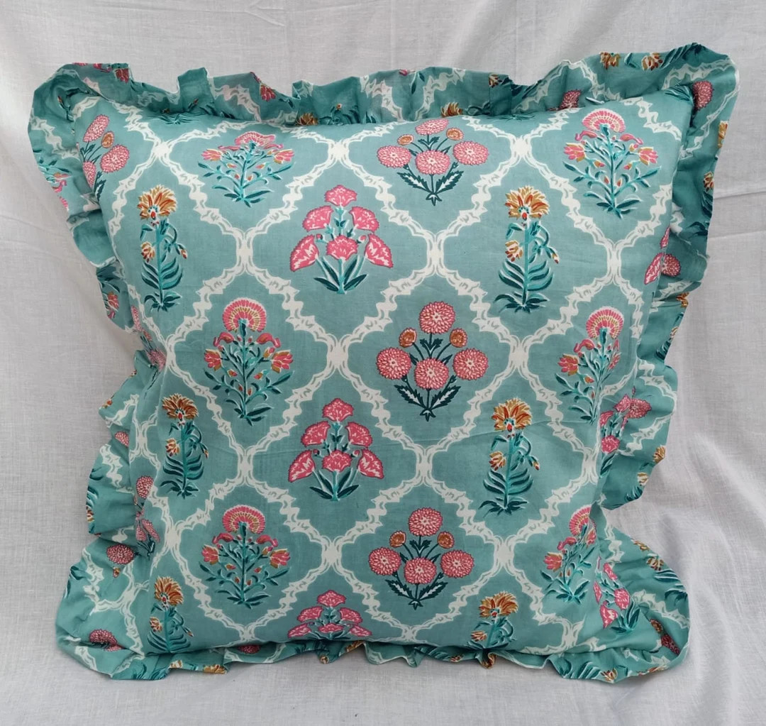 Hand Block Print Floral Frill Rectangular Cushion Covers Indian Bohemian Sofa Throw Pillow Handma... | Etsy (US)