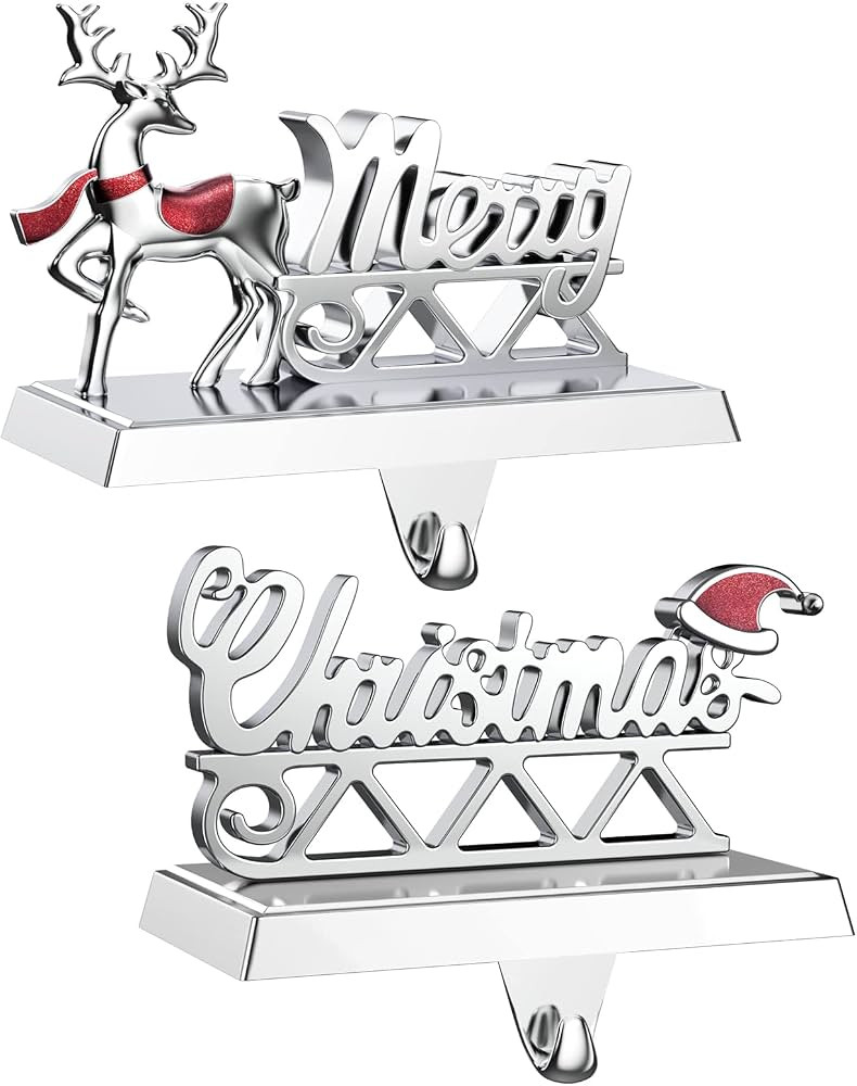Merry Christmas Stocking Holders Set of 2 - Christmas Reindeer Mantle Stocking Hangers - Weighted... | Amazon (US)