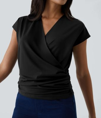 Women’s V Neck Cap Sleeve Crossover Ruched Solid Work Blouse - Halara | HALARA