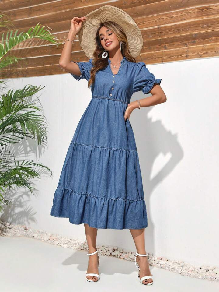 SHEIN Frenchy Women's Blue Denim Short Sleeve Dress With Ruffle Trimmed Small V-Neckline And Umbr... | SHEIN