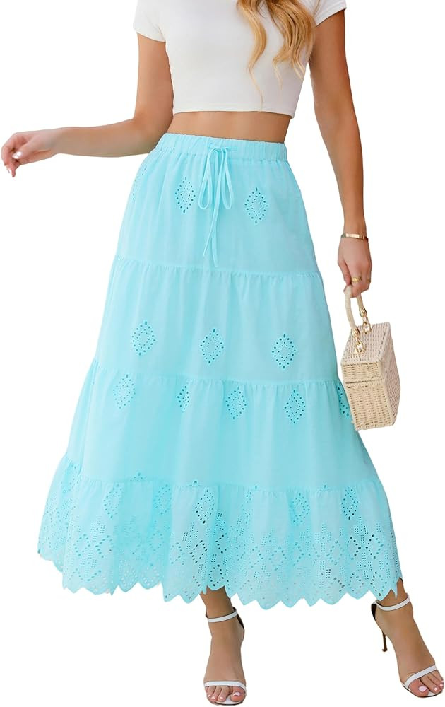Love Welove Fashion Women’s Summer Boho Cotton Embroidered Tiered Maxi Skirt Elastic High Waist... | Amazon (US)