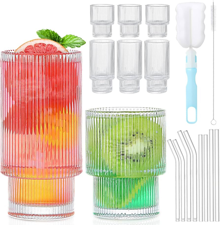 8 Pack Drinking Glasses 4pcs Clear Highball Glass Cup (11oz) & 4pcs Rocks Glass Cup (6oz)|Crystal... | Amazon (US)