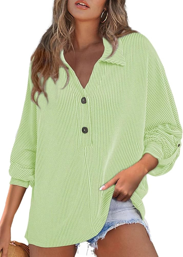 Astylish Women's Casual Blouses Button Down Business Batwing Tops Long Sleeve V Neck Ribbed Shirt... | Amazon (US)