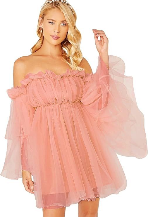 Romwe Women's Romantic Off Shoulder Flounce Long Sleeve Wedding Ruffle Mesh Party Mini Dress | Amazon (US)