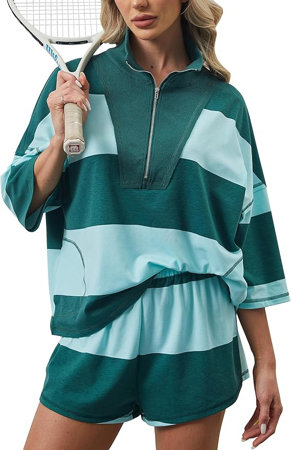Women Two Piece Workout Short Sets Striped Lounge Set Oversized Half Sleeve Shirt and Shorts Tenn... | Amazon (US)