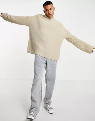 ASOS DESIGN knitted oversized funnel neck jumper in beige | ASOS (Global)