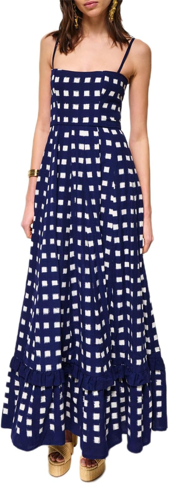 Women's Plaid Long Dress Spaghetti Strap Square Neck Ruffle Hem Swing A Line Summer Party Beach S... | Amazon (US)