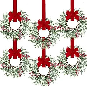 Sggvecsy 6 Pcs Christmas Mini Cabinet Wreaths Norfolk Pine Wreath with Ribbon Bows Red Berry Arti... | Amazon (US)