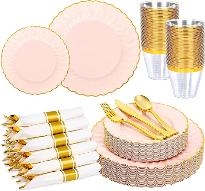 210 Pcs Pink Scalloped Plastic Dinnerware for 30 Guests,Pink Gold Scalloped Disposable Plastic Pl... | Amazon (US)
