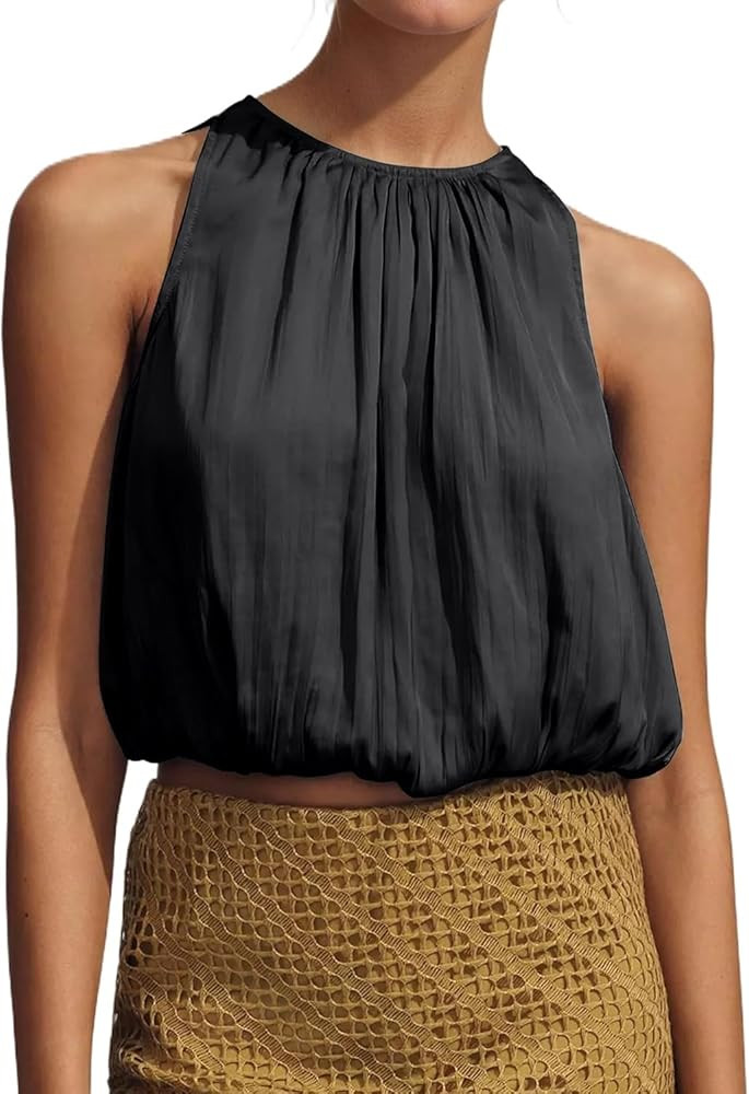 Womens Summer Halter Tops Cute Sleeveless Crewneck Puffy Hem Bubble Crop Tank Top Casual Dressy G... | Amazon (US)
