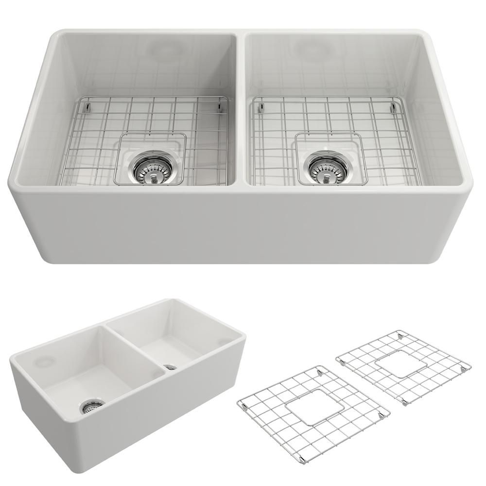 Classico Farmhouse Apron Front Fireclay 33 in. Double Bowl Kitchen Sink with  Bottom Grid and Str... | The Home Depot