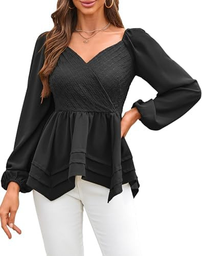 Angashion Women Tops Long Sleeve V Neck Peplum Blouse Dressy Casual Flowy Ruffle Babydoll Shirts | Amazon (US)