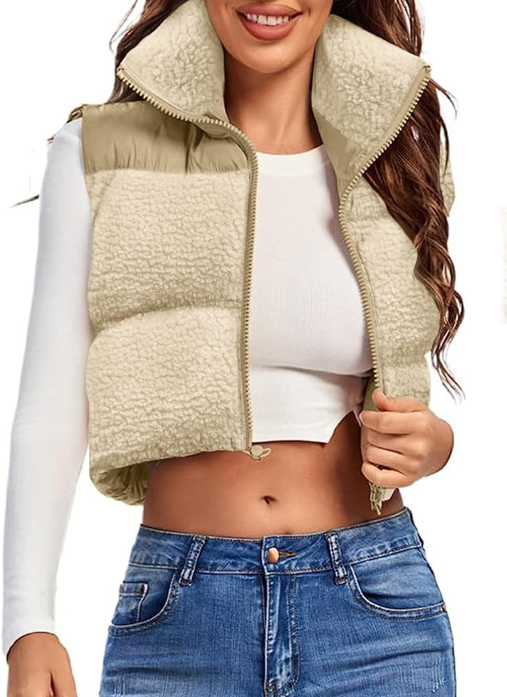 Fazortev Women's Puffer Vest Sherpa Fleece Crop High Stand Collar Jacket Lightweight Outwear | Amazon (US)