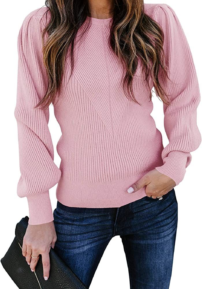 Huiyuzhi Womens Puff Sleeve Pullover Sweaters Crew Neck Soft Slim Fit Solid Color Knitted Jumper | Amazon (US)
