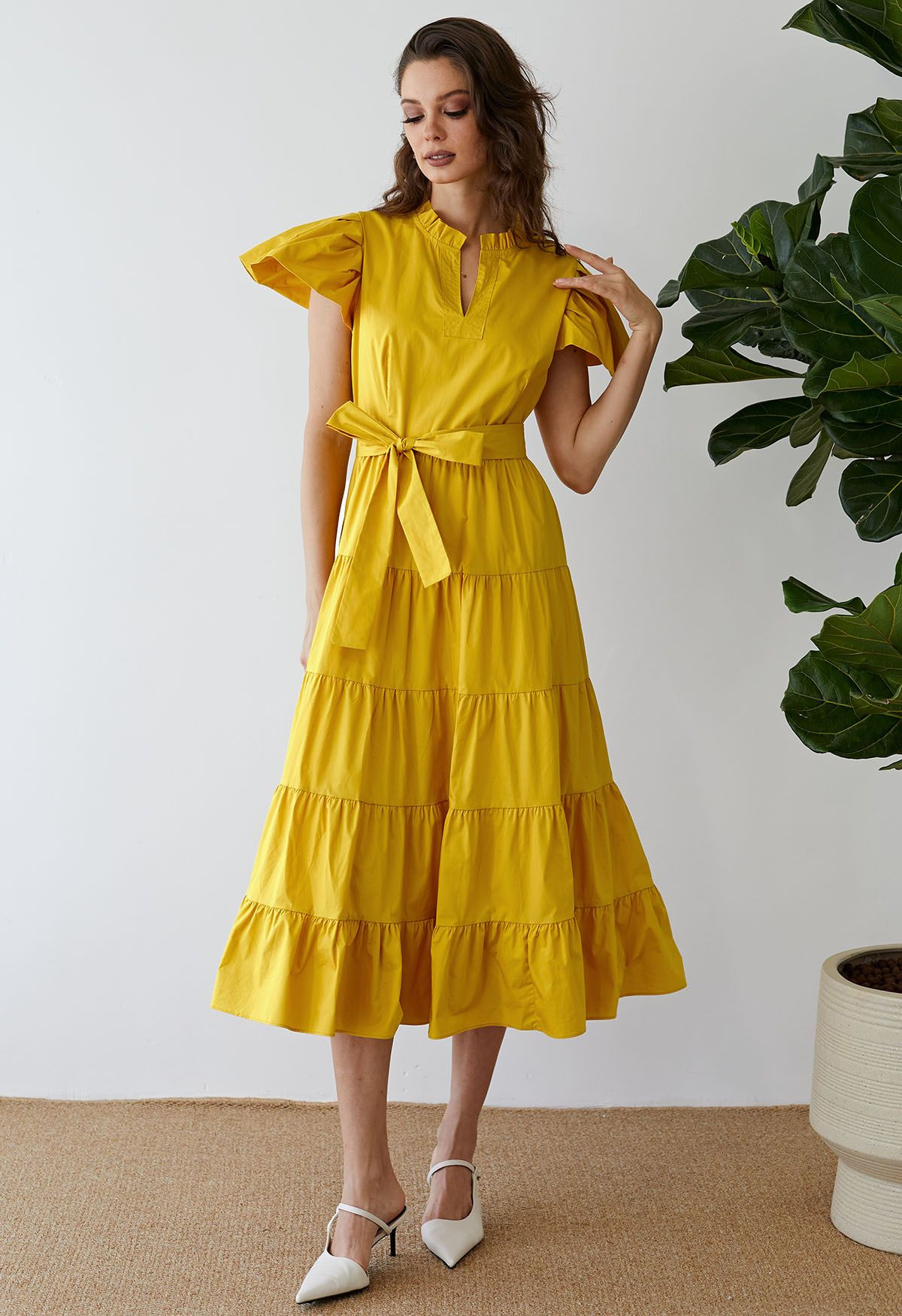 V-Neck Flutter Sleeve Ruffle Cotton Dress in Mustard | Chicwish
