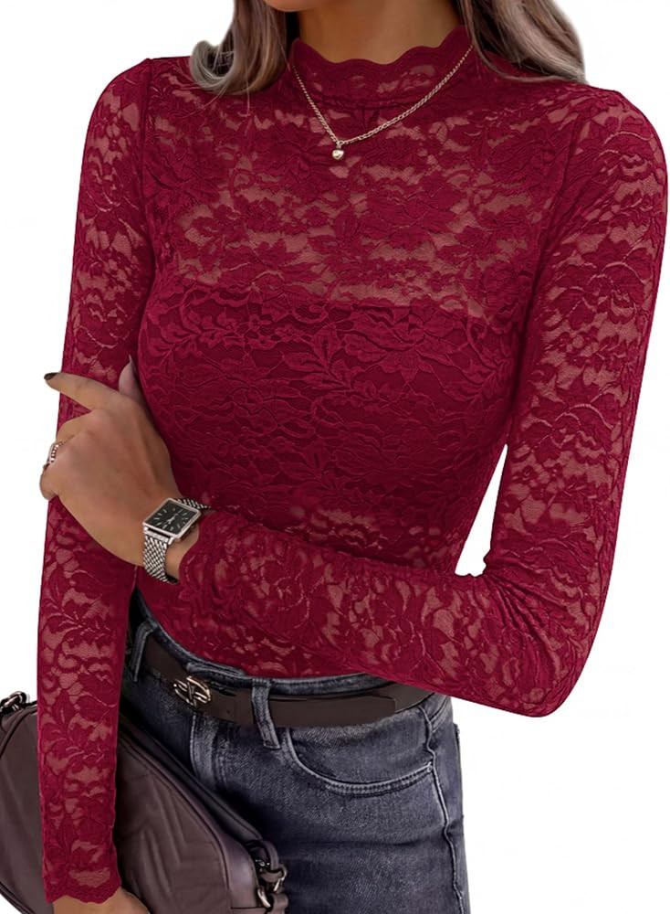 PRETTYGARDEN Womens Lace Long Sleeve Tops Sheer Mesh Blouse | Amazon (US)