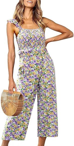 KOJOOIN Women's Floral Print Shirred Strapless Sleeveless Tube Jumpsuit Pants | Amazon (US)
