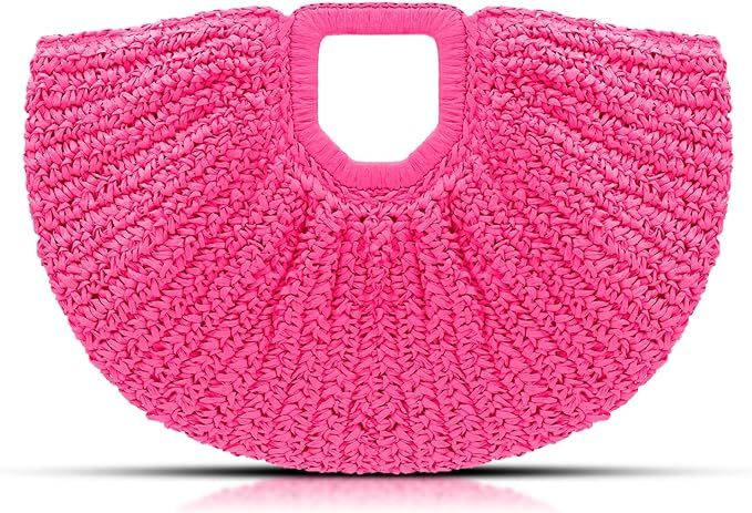 Straw Bag, Beach Bags for Women, Pink Tote Bag, Semi-Circular Woven Beach Hand Bag Handmade Ratta... | Amazon (US)