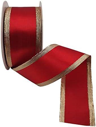 KLTRIBBON Wired Ribbon Double Sided Red Satin with Gold Edges,1 12 Inch X 10 Yards, 38MM X 10 Yar... | Amazon (US)