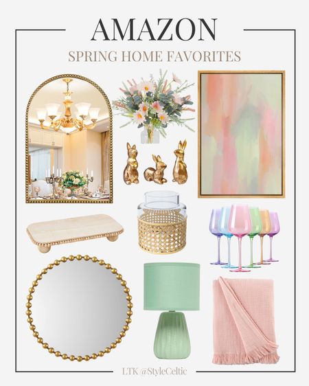 Amazon Pastel Spring Home Decor Favorites🪞
.
.
Wine glasses, pastel wall art, beaded mirrors, beaded decor, rattan woven candle holders, wall mirrors, anthropology mirror dupes, vases, flower arrangements, silk flowers, beige tray, pink blanket, sage green desk lamp, arch mirror, home decor, party decor, st Patrick’s day, Valentine’s Day 

#LTKhome #LTKSeasonal #LTKfamily