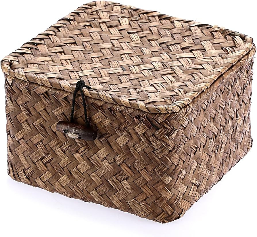 Hipiwe Seagrass Basket with Lid Wicker Storage Basket Square Handwoven Decorative Baskets Box for... | Amazon (US)