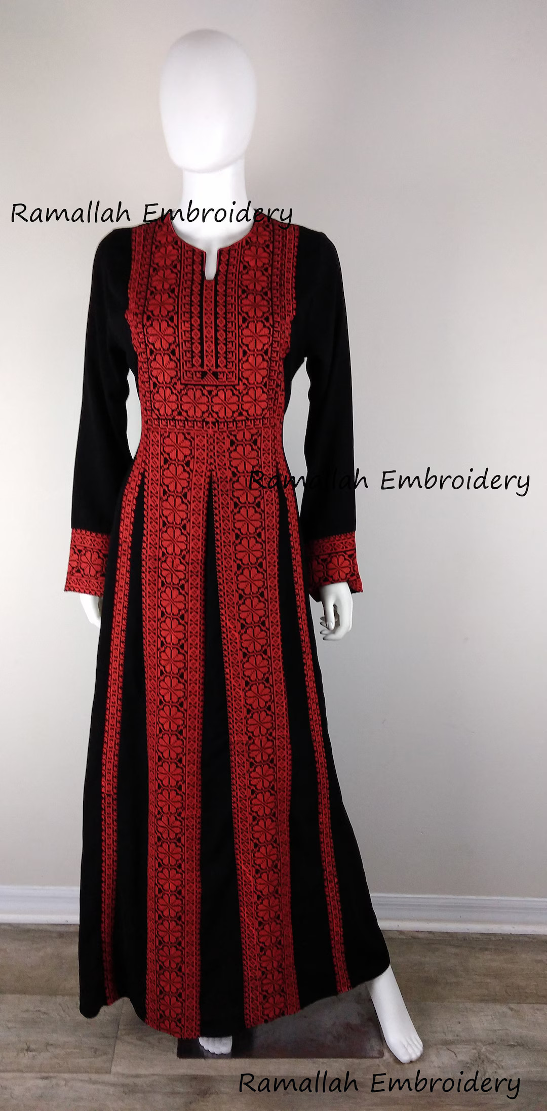 Palestinian Kaftan Thobe Thob Embroidery Black With Red Tatreez Stripes - Etsy | Etsy (US)