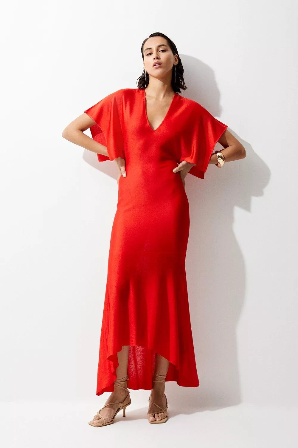 Plunge V Neck Power Shoulder Slinky Knit Maxi Dress | Karen Millen