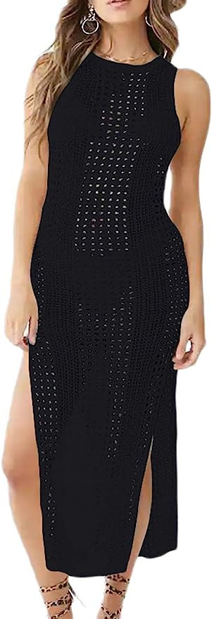 Bsubseach Crochet Cover Ups for Women Hollow Out Sleeveless Bikini Swimsuit Swimwear Side Split L... | Amazon (US)