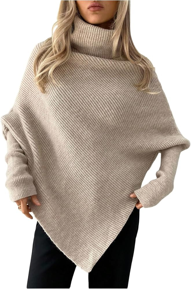 Milumia Women's Turtleneck Asymmetrical Poncho Sweater Dolman Long Sleeve Oversized Knit Tops | Amazon (US)