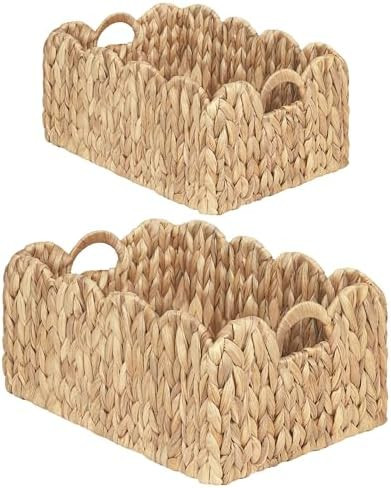 Scalloped Wicker Basket, Set of 2 Woven Rattan Natural Water Hyacinth Baskets with Built-in Handl... | Amazon (US)