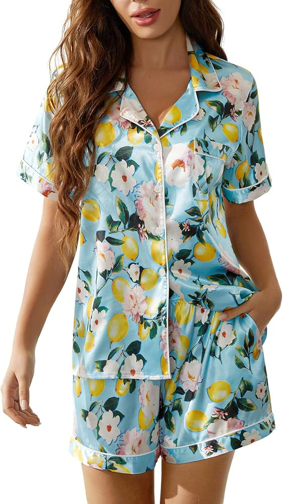 Pjmlifecoco Womens Silk Satin Pajamas Set Short Sleeve Loungewear Two-Piece Sleepwear Button-Down... | Amazon (US)